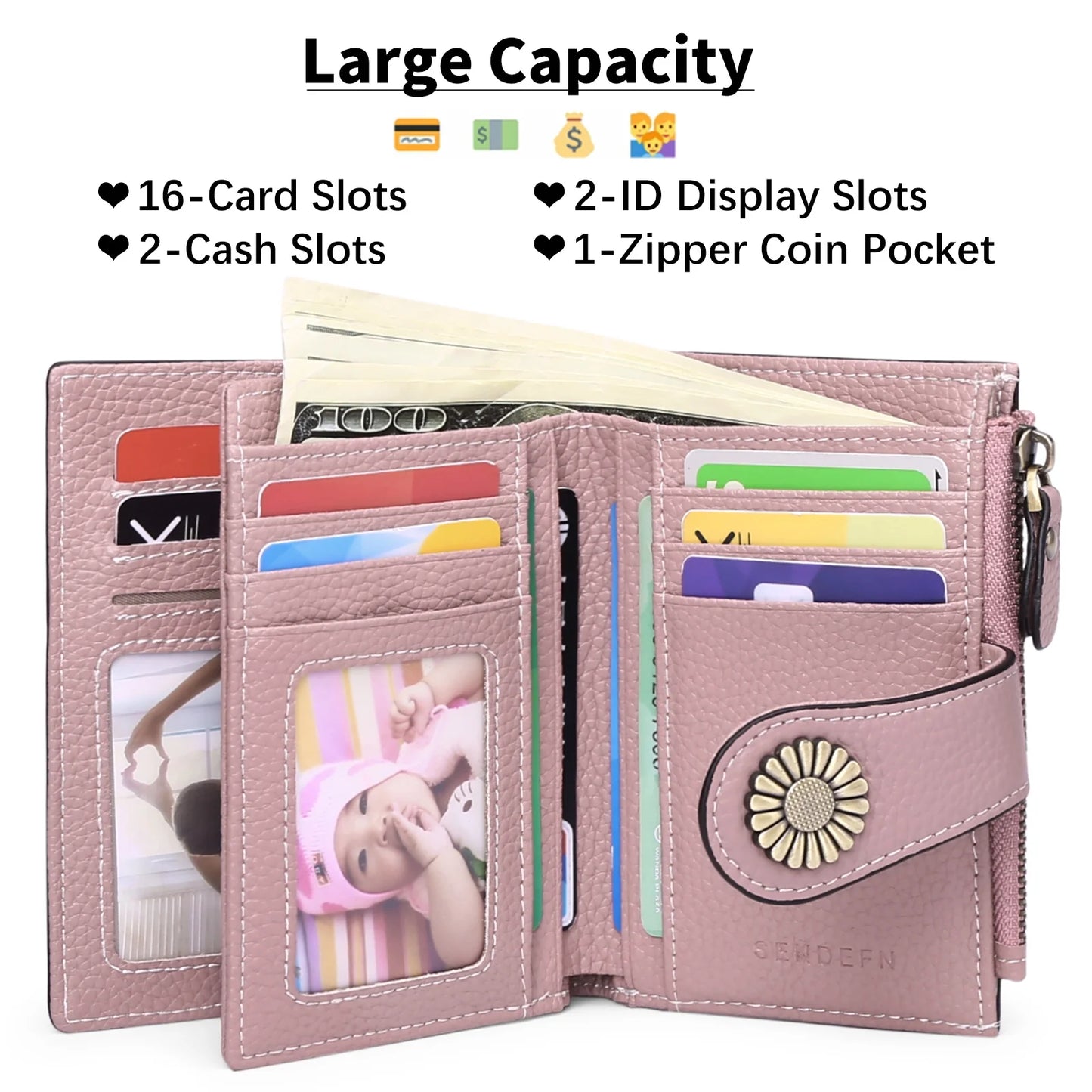 Small Women Wallet Genuine Leather Bifold Purse RFID Blocking Card Holder