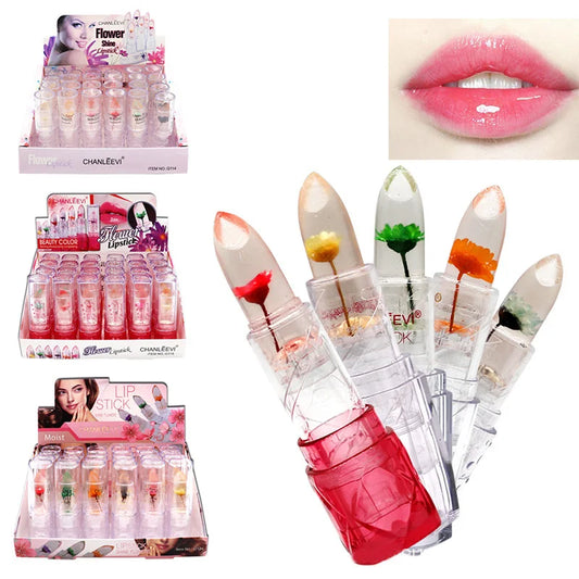 24Pcs Crystal Flower Jelly Lipstick Set Temperature Colorchanged Moisturizing Long Lasting Lipstick Girls Lips Makeup