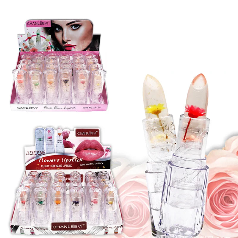 24Pcs Crystal Flower Jelly Lipstick Set Temperature Colorchanged Moisturizing Long Lasting Lipstick Girls Lips Makeup